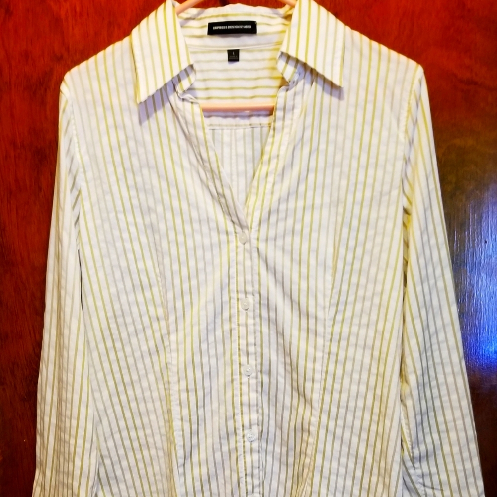 Express Design Studio, Gold & White Women's Large Button Down Blouse.